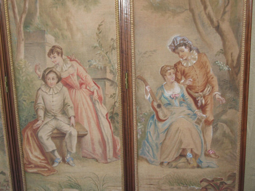 Carved walnut screen with 4 leaves painted with galant scenes in the Louis XVI style (19th century)