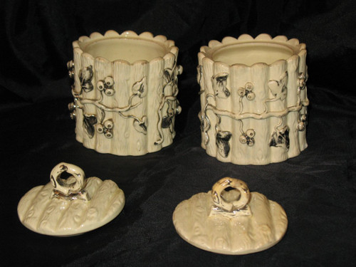 Pair of tobacco pots in Langeais earthenware decorated with bays 19th century