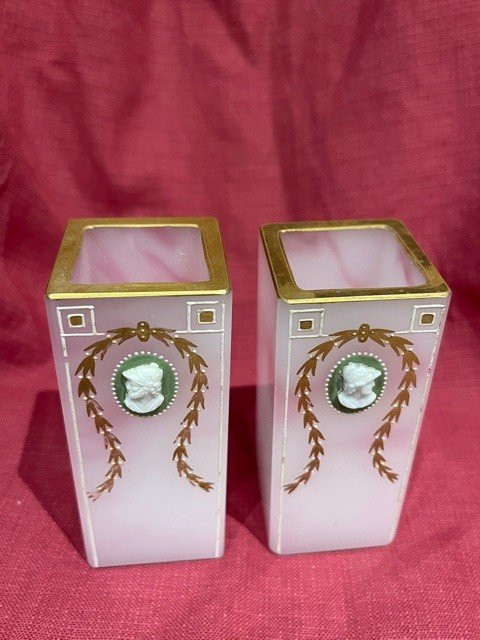 Pair Of Enameled Glass Vases With Cameo Design