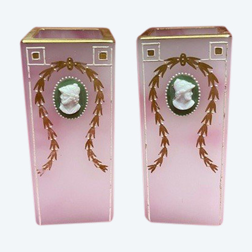 Pair Of Enameled Glass Vases With Cameo Design