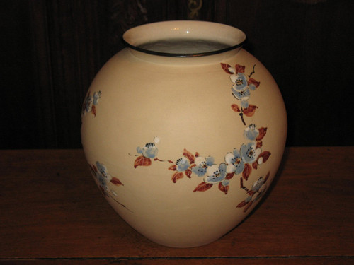 Large ball vase in Ciboure sandstone Japanese decor with cherry blossoms by C Fischer 20th century