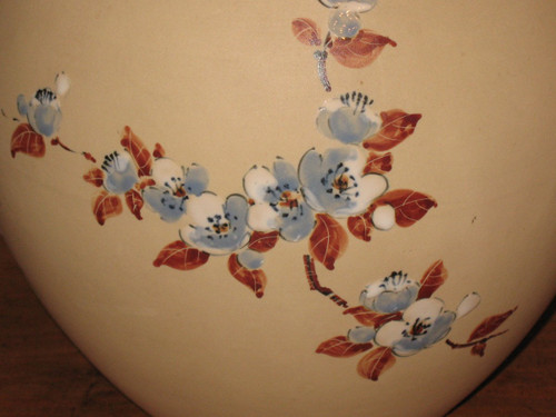 Large ball vase in Ciboure sandstone Japanese decor with cherry blossoms by C Fischer 20th century