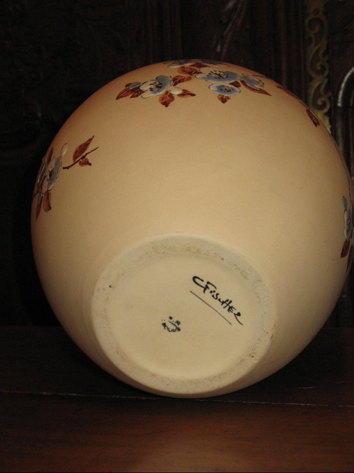 Large ball vase in Ciboure sandstone Japanese decor with cherry blossoms by C Fischer 20th century