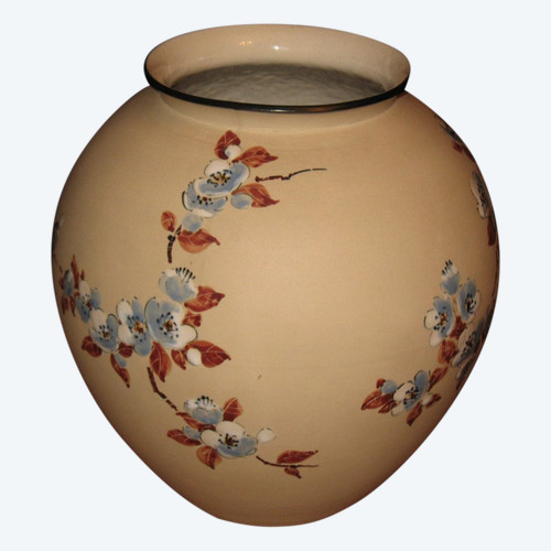 Large ball vase in Ciboure sandstone Japanese decor with cherry blossoms by C Fischer 20th century