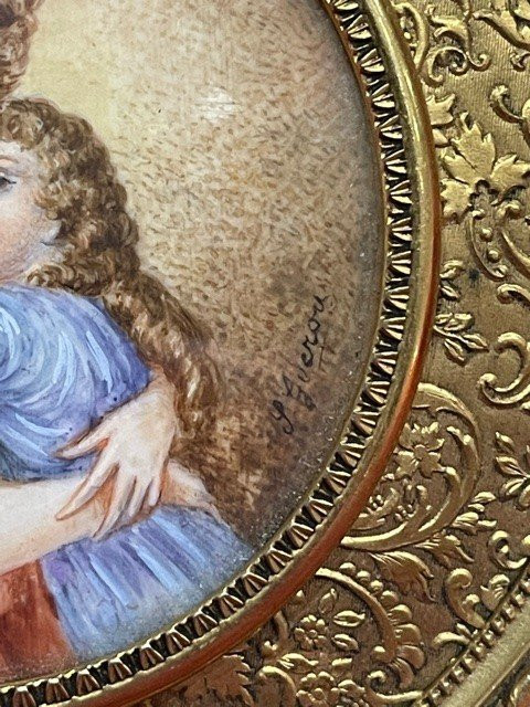 Ritratto in miniatura dipinto su avorio raffigurante una donna e il suo bambino XIX° Napoleone III