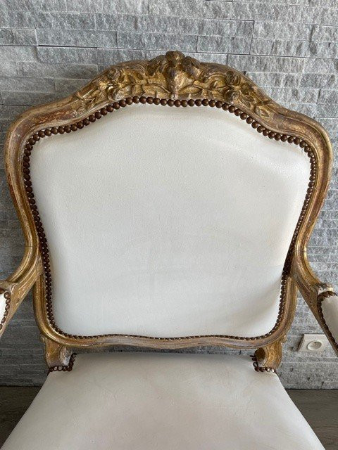 Louis XV White Leather Armchair Golden Wood XIX