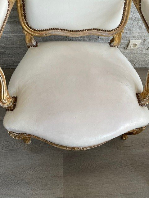 Louis XV White Leather Armchair Golden Wood XIX