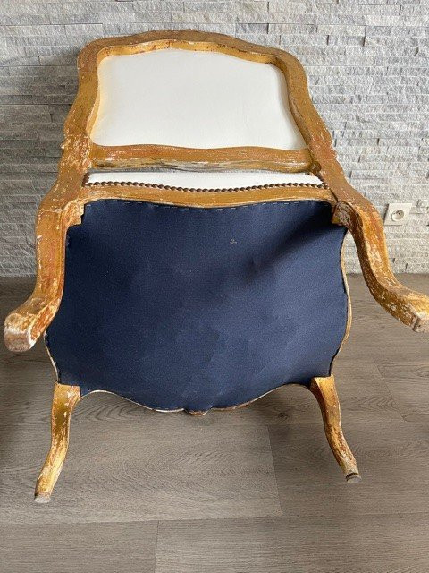 Louis XV White Leather Armchair Golden Wood XIX