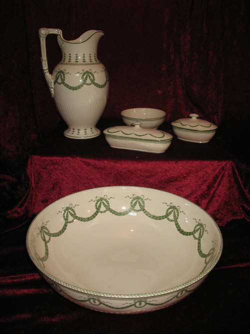 Sarreguemines earthenware toilet service, 19th century Louis XVI style, laurel decoration