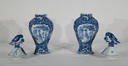 Pair of Earthenware Lidded Vases, Delft Style - Mid-19th Century