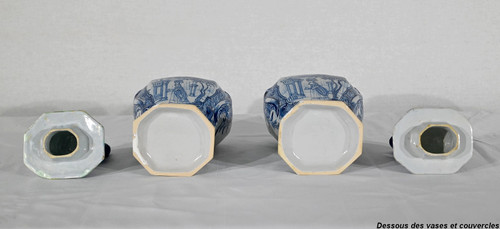 Pair of Earthenware Lidded Vases, Delft Style - Mid-19th Century