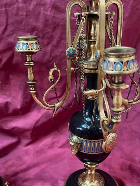 Pair Of Candlesticks Gilded Bronze Enamels Cloisonné Ferdinand BARBEDIENNE And Louis Constant SEVIN