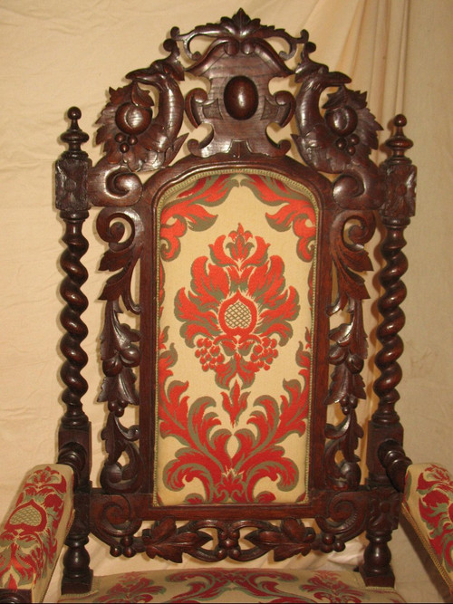 Suite of 6 Renaissance style seats in carved oak from the 19th century