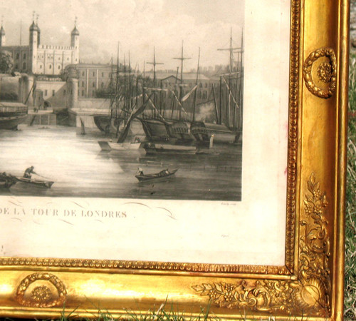 19th century Empire style gilt frame with engraving View of the Tower of London