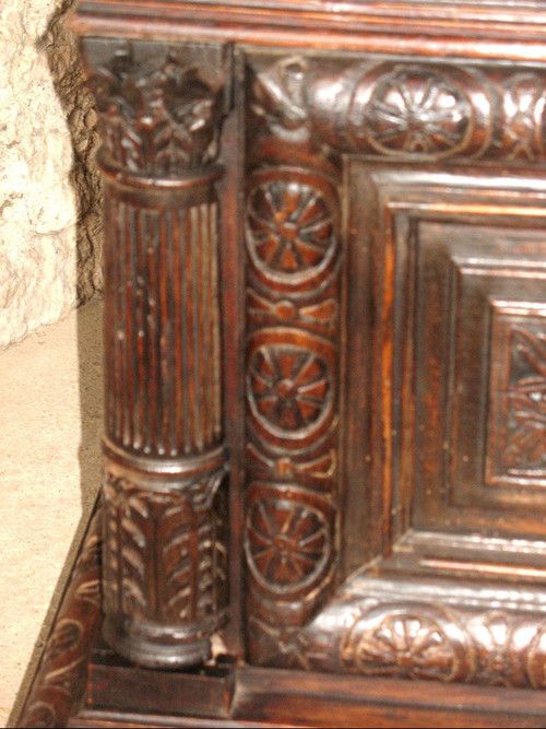 Carved oak wedding chest from Normandy 17th century