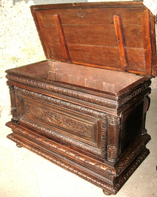 Carved oak wedding chest from Normandy 17th century