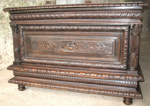 Carved oak wedding chest from Normandy 17th century