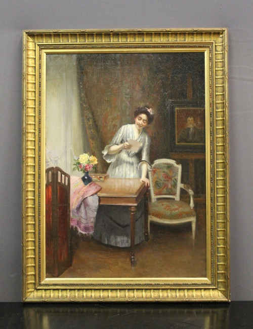 Olio su tela Femme à La Lettre di Alfred Martin datato 1904