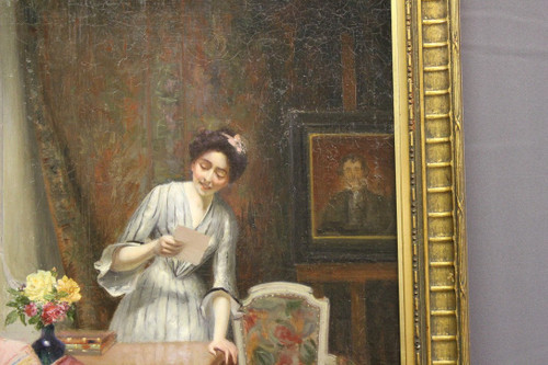 Olio su tela Femme à La Lettre di Alfred Martin datato 1904