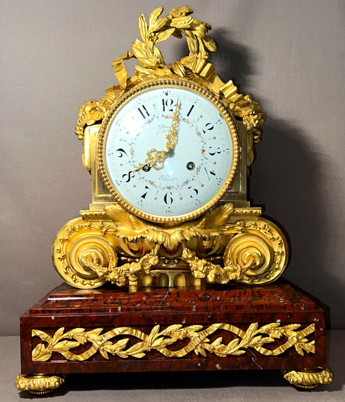 Important Louis XVI style Napoleon III period Griotte Red Marble and gilt bronze clock