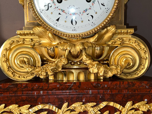 Important Louis XVI style Napoleon III period Griotte Red Marble and gilt bronze clock