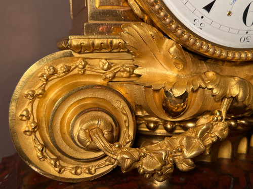 Important Louis XVI style Napoleon III period Griotte Red Marble and gilt bronze clock