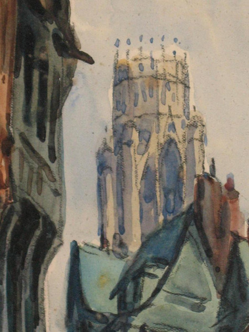 Pierre Le Trividic Aquarell belebte Straße von Rouen Ecole de Rouen