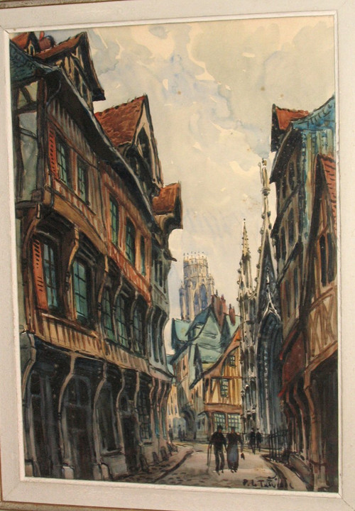 Pierre Le Trividic Aquarell belebte Straße von Rouen Ecole de Rouen