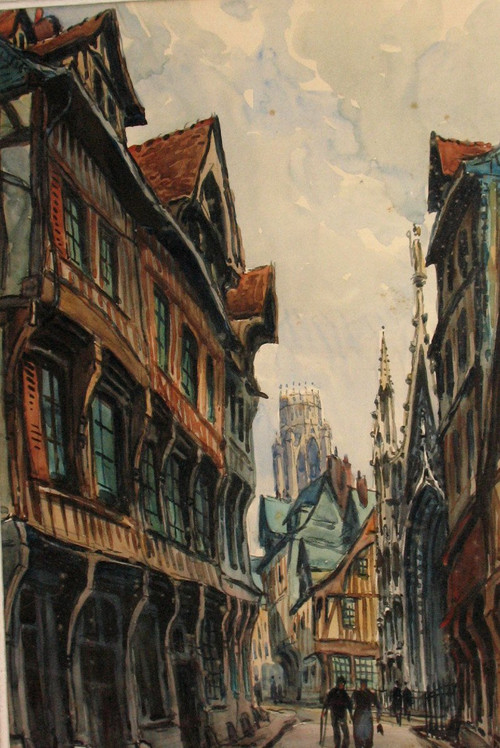 Pierre Le Trividic Aquarell belebte Straße von Rouen Ecole de Rouen