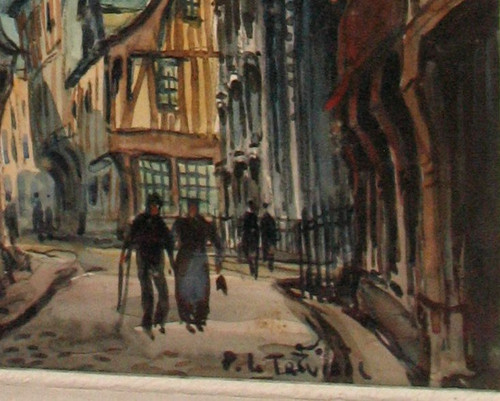 Pierre Le Trividic Aquarell belebte Straße von Rouen Ecole de Rouen