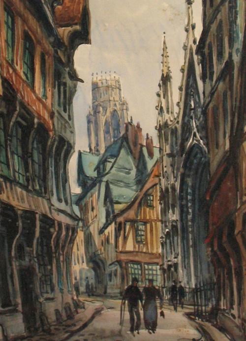 Pierre Le Trividic Aquarell belebte Straße von Rouen Ecole de Rouen