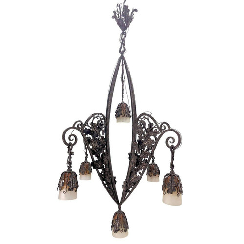 1930s Art Deco Wrought Iron Chandelier With Colorful Tulips Very High Quality Wrought Iron,