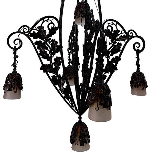 1930s Art Deco Wrought Iron Chandelier With Colorful Tulips Very High Quality Wrought Iron,