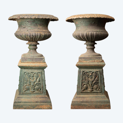 Pair Of Cast Iron Medici Vases, 19th Century