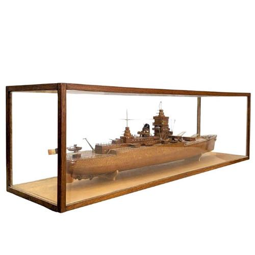 Model Of Cuirassier Boat Under Showcase, Meticulous Work From The 1950s