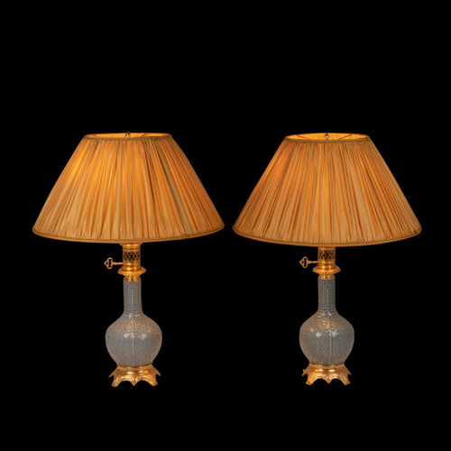 Pair Of Celadon And Bronze Porcelain Lamps, Circa 1880, LS5543798A