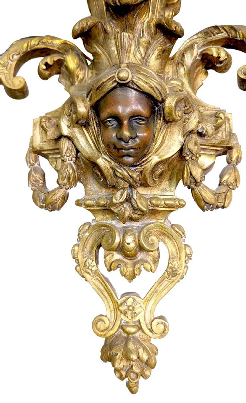 Spectacular Pair Of Gilt Bronze Sconces Heads Of Nubians Style Louis XIV Nap III