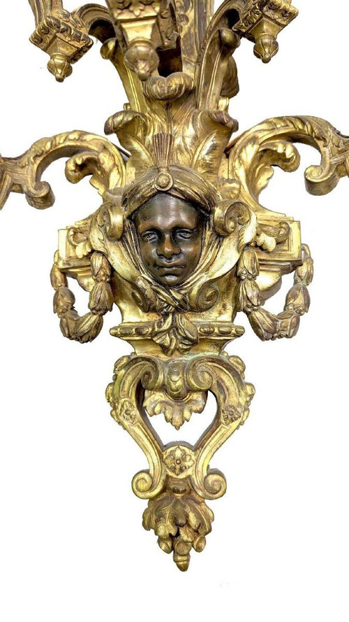 Spectacular Pair Of Gilt Bronze Sconces Heads Of Nubians Style Louis XIV Nap III