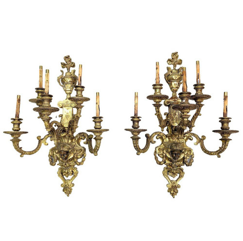 Spectacular Pair Of Gilt Bronze Sconces Heads Of Nubians Style Louis XIV Nap III