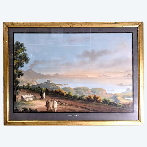 Large Neapolitan Gouache "camaldoli" With A View Of The Chateau De l'Oeuf, The Island Of Ischia,