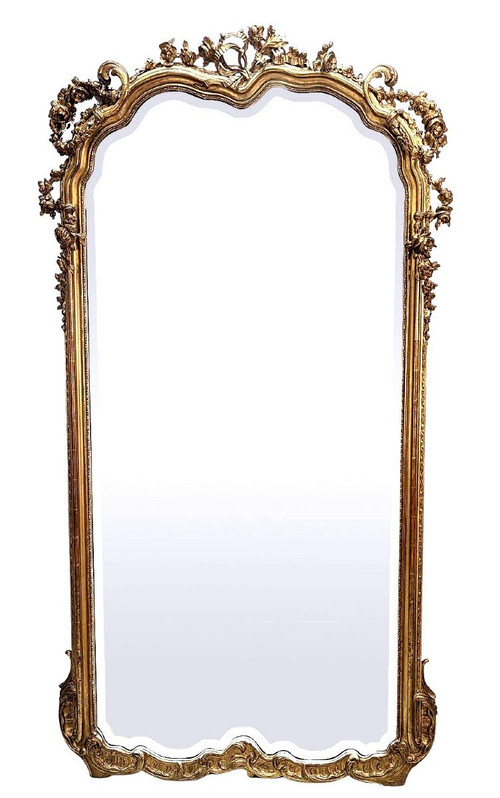 Specchiera Grande In Legno Dorato, Doratura Epoca Napoleone III Con Foglia Oro