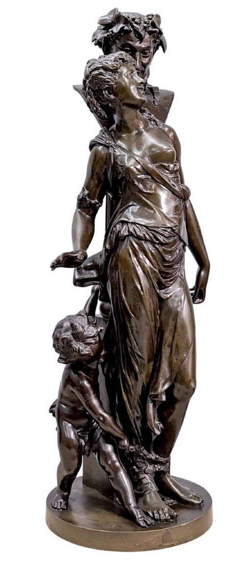 Gruppo in bronzo di giovane ragazza e satiro di Clodion (1738-1814) Scultura in bronzo con patina marrone