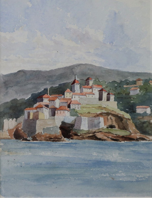 Watercolour, French School Of The XIXth Century, The Fortified Village.