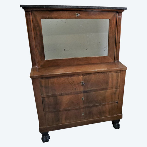 Small Secretary With Flap, Flamed Mahogany, Marble Top, Empire Period