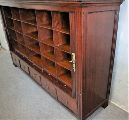 Large File Cabinet with Curtains, Mahogany, Marble Top, Louis XVI Period