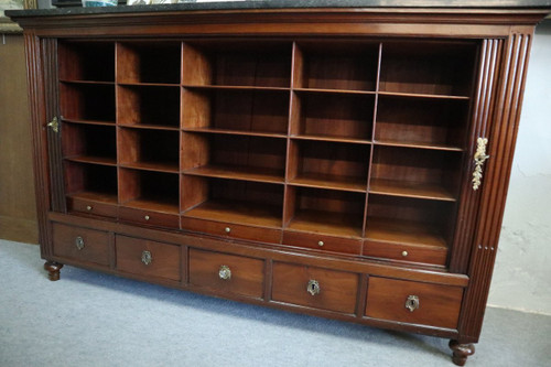 Large File Cabinet with Curtains, Mahogany, Marble Top, Louis XVI Period