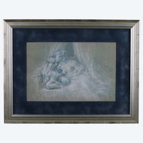 "the kiss", erotic drawing, blue and white chalk, 19th century, modern frame