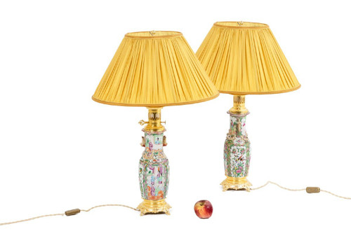 Pair Of Canton Porcelain And Gilt Bronze Lamps, Circa 1880, LS4849553A