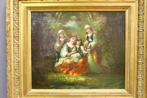 Oil On Canvas Group Of Young Girls Celebrating Spring By Borgella End XIX