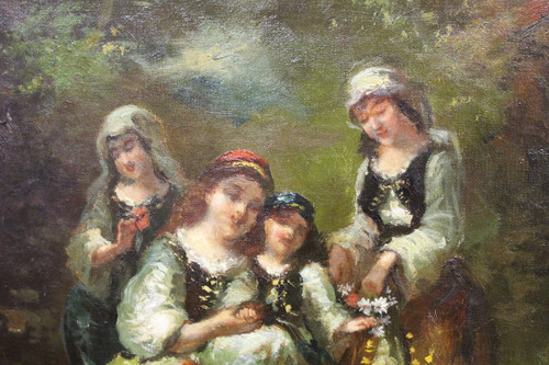 Oil On Canvas Group Of Young Girls Celebrating Spring By Borgella End XIX